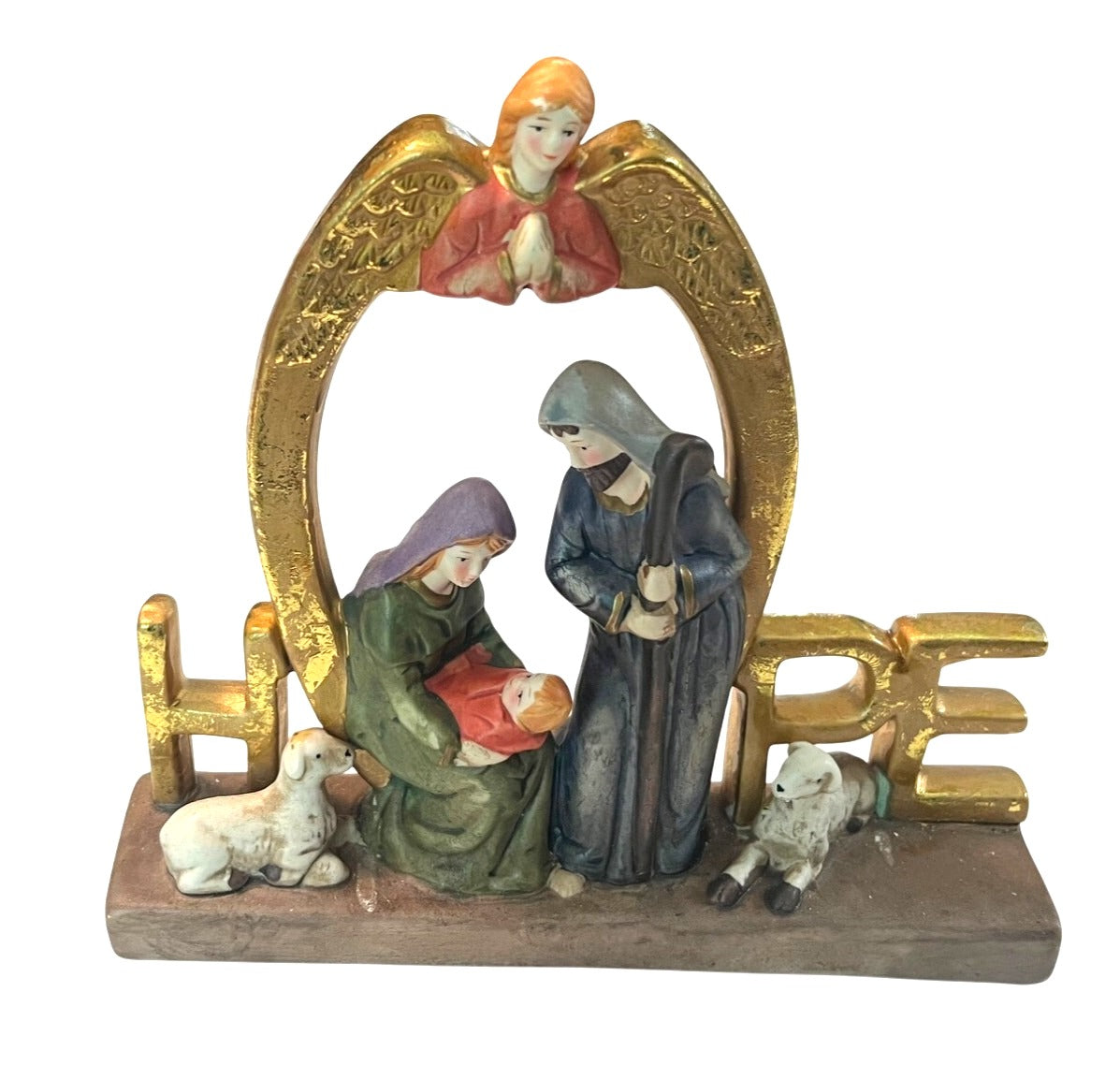 Nativity Watercolor Figurine With "Hope" Design By Elements Mary Joseph Baby Jesus and Angel 7" wide 6.5" high