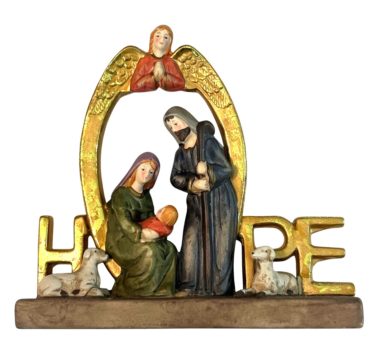 Nativity Watercolor Figurine With "Hope" Design By Elements Mary Joseph Baby Jesus and Angel 7" wide 6.5" high