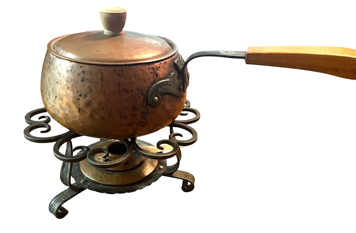 Vintage Swiss Stockli Netstal Textured Hammered Copper Fondue Pot w Iron Stand Burner and Fuel Burner