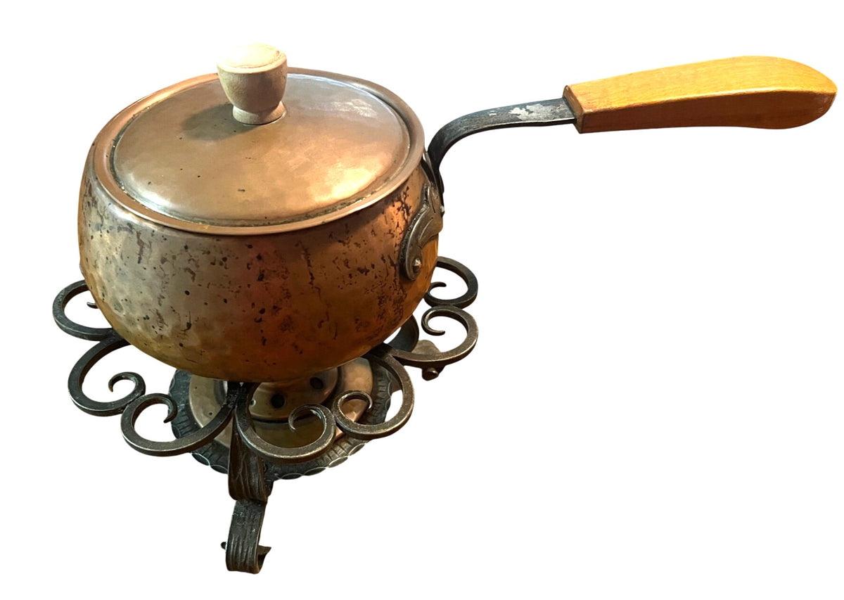 Vintage Swiss Stockli Netstal Textured Hammered Copper Fondue Pot w Iron Stand Burner and Fuel Burner