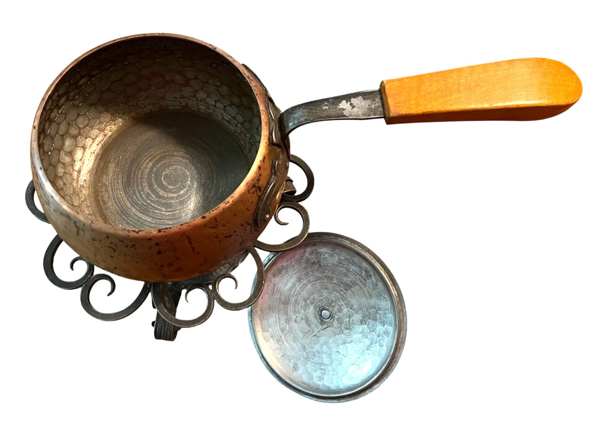 Vintage Swiss Stockli Netstal Textured Hammered Copper Fondue Pot w Iron Stand Burner and Fuel Burner