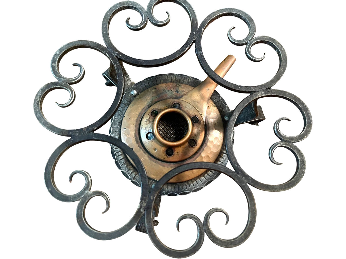Vintage Swiss Stockli Netstal Textured Hammered Copper Fondue Pot w Iron Stand Burner and Fuel Burner