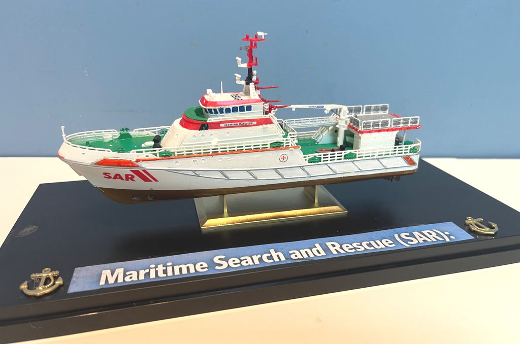 Model Boat Maritime Search & Rescue Hermann Marwede Ship Display w Acrylic Case