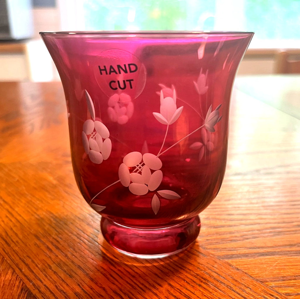Hand-Cut Cranberry Red Glass Vase With Floral Etching Made In Slovakia 4" high