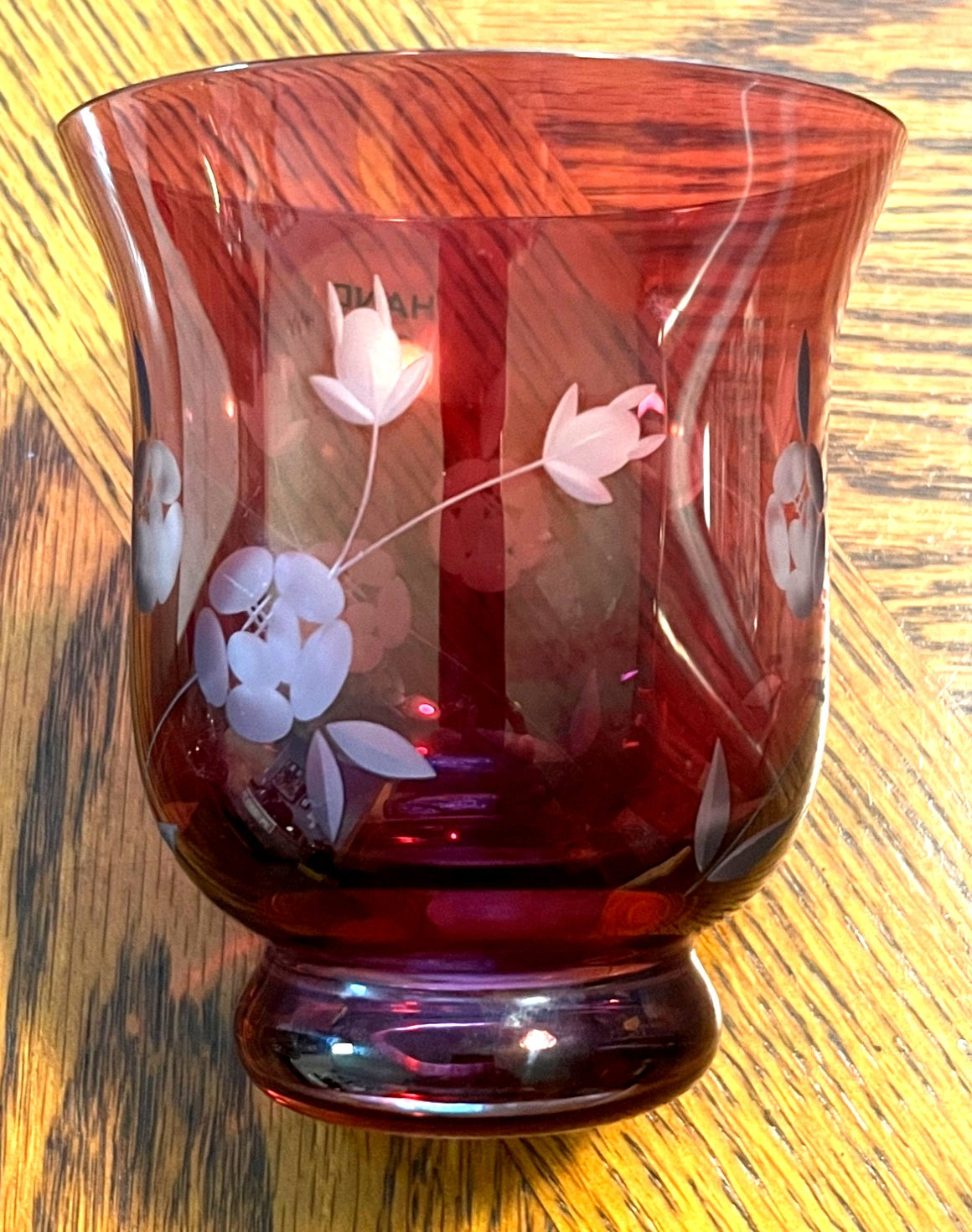 Hand-Cut Cranberry Red Glass Vase With Floral Etching Made In Slovakia 4" high