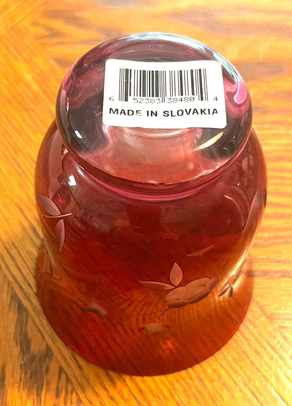 Hand-Cut Cranberry Red Glass Vase With Floral Etching Made In Slovakia 4" high