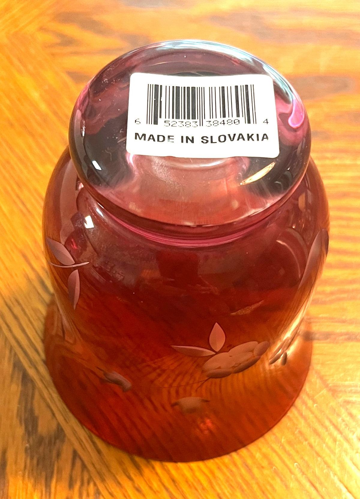 Hand-Cut Cranberry Red Glass Vase With Floral Etching Made In Slovakia 4" high