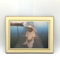 Art Print of Young Woman on a Pier with Hat and Umbrella. Mounted on a Pressboard Plaque. By Athena International, Made in England.