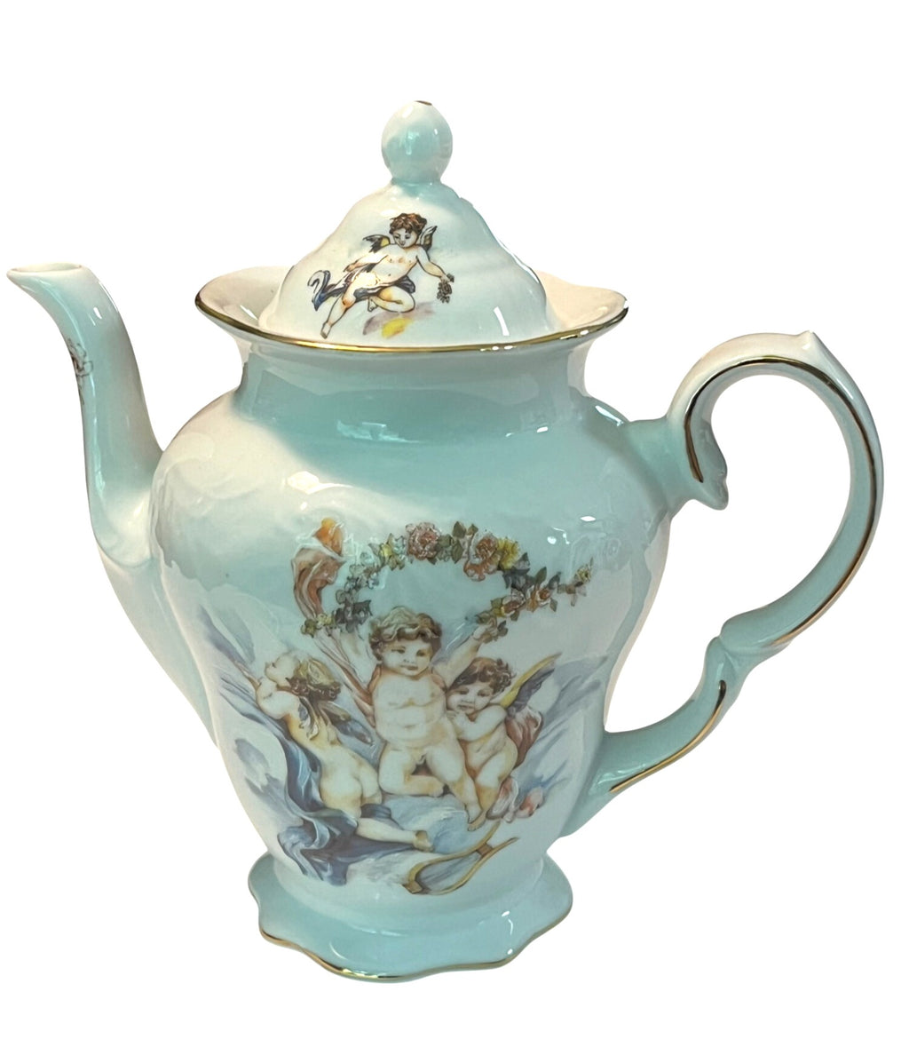 Vintage Trisa Porcelain Teapot and Lid With Cherub Design & Gold Trim 8.5" tall