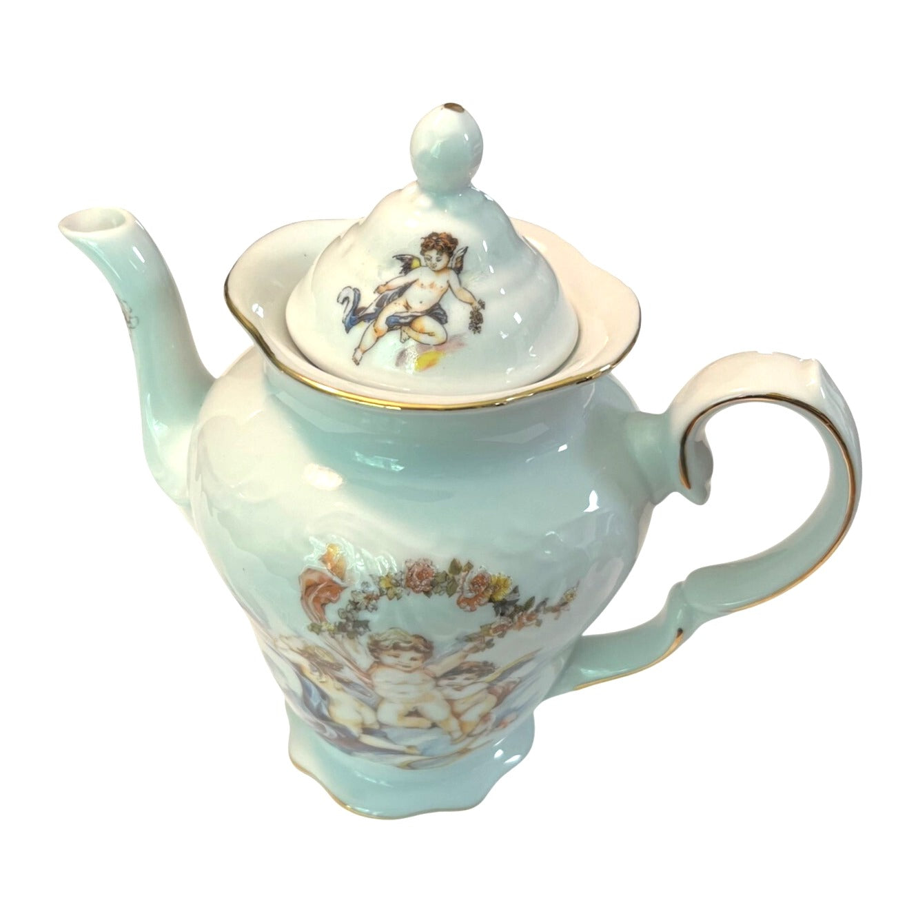 Vintage Trisa Porcelain Teapot and Lid With Cherub Design & Gold Trim 8.5" tall