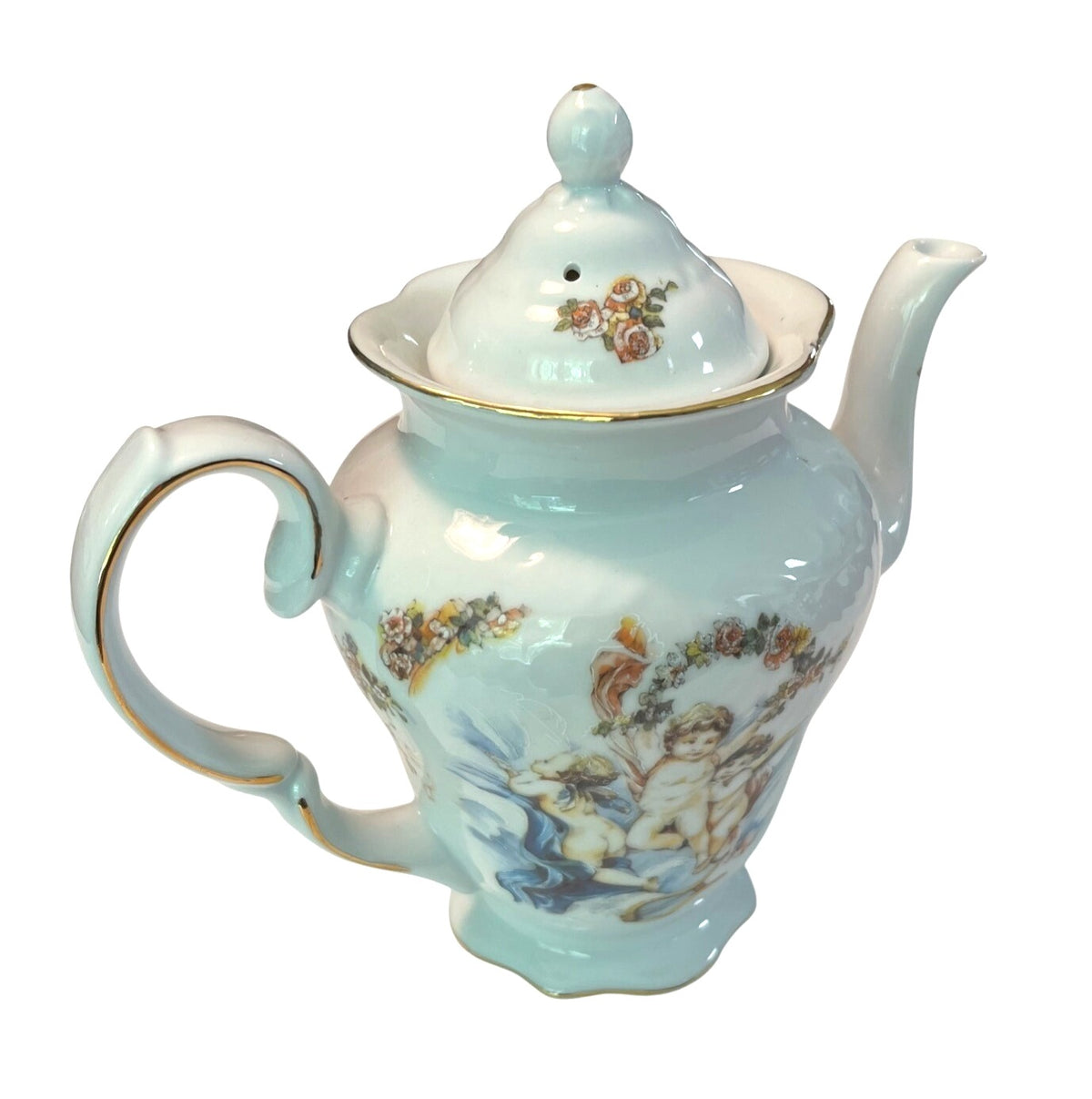 Vintage Trisa Porcelain Teapot and Lid With Cherub Design & Gold Trim 8.5" tall