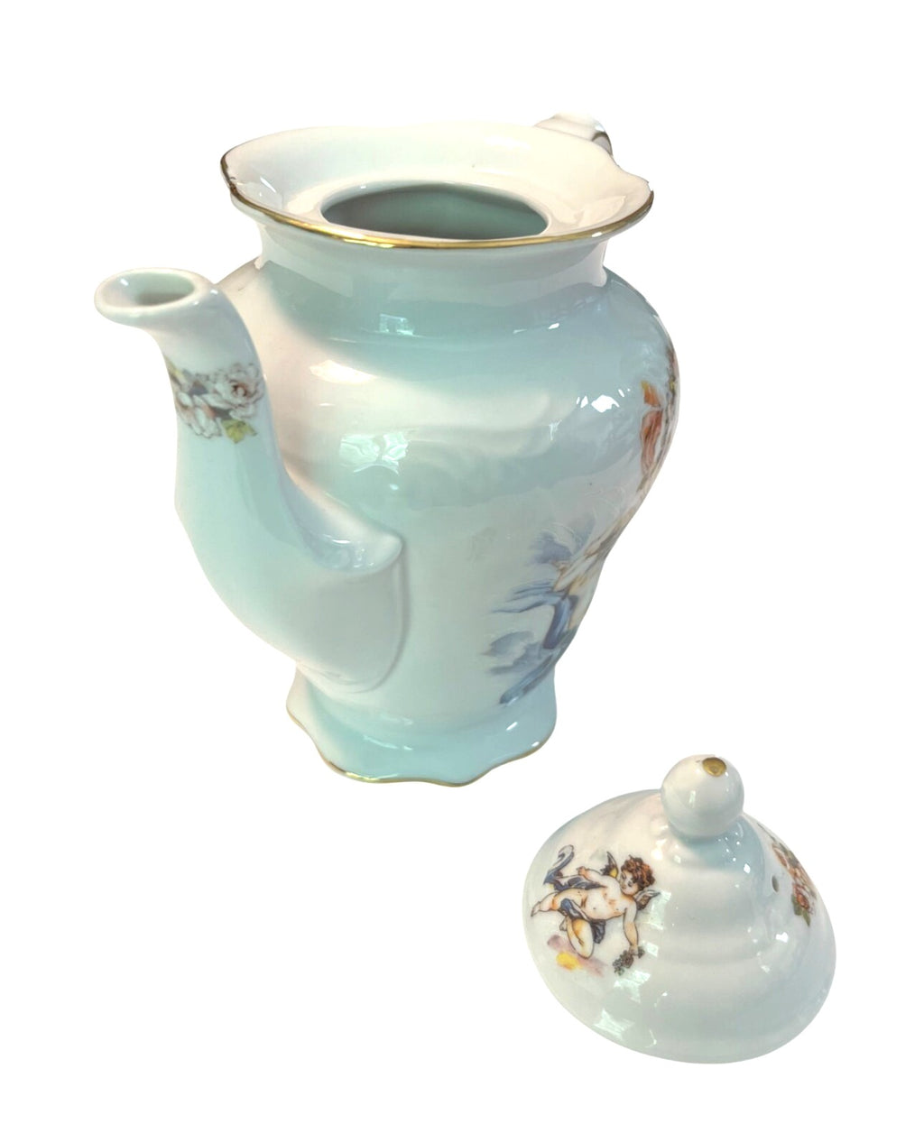 Vintage Trisa Porcelain Teapot and Lid With Cherub Design & Gold Trim 8.5" tall