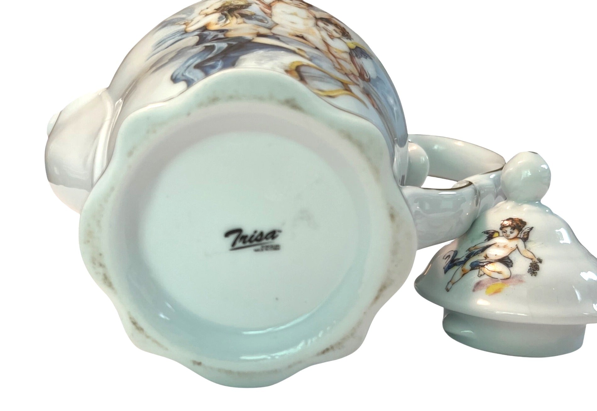 Vintage Trisa Porcelain Teapot and Lid With Cherub Design & Gold Trim 8.5" tall