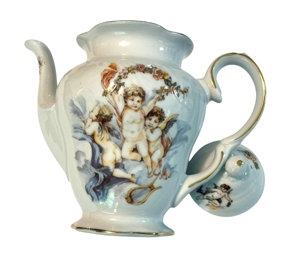 Vintage Trisa Porcelain Teapot and Lid With Cherub Design & Gold Trim 8.5" tall
