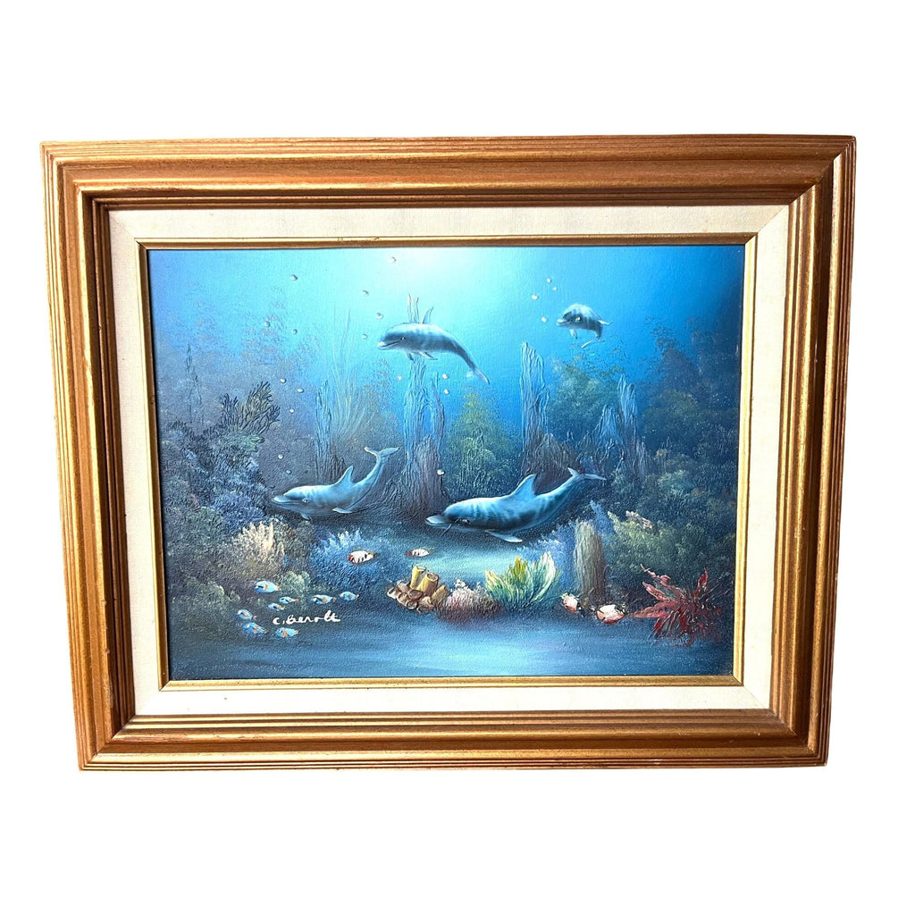 Original C. Benolt Oil Painting Dolphin Underwater Marine  In Gold Tone Frame 17" x 21"