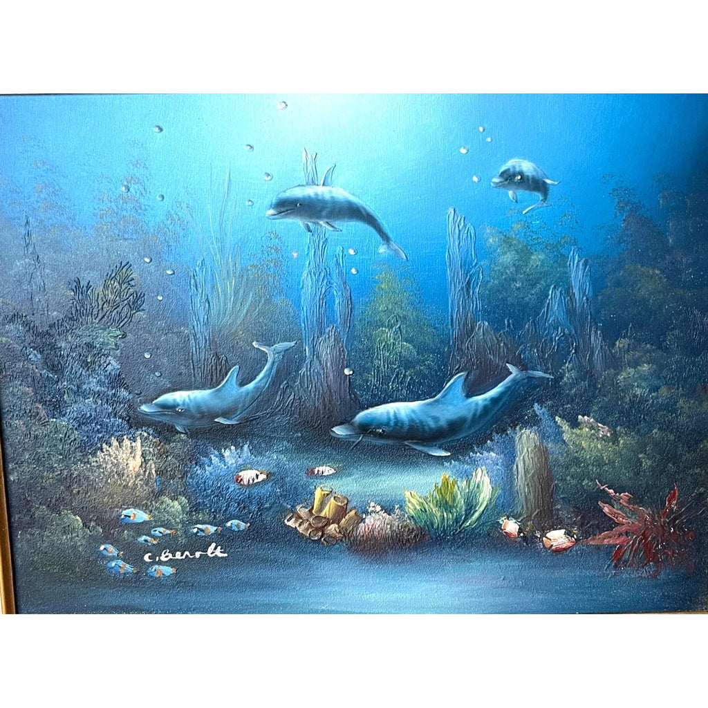 Original C. Benolt Oil Painting Dolphin Underwater Marine  In Gold Tone Frame 17" x 21"