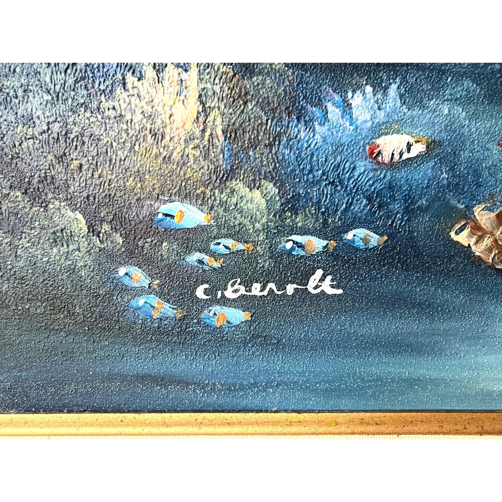 Original C. Benolt Oil Painting Dolphin Underwater Marine  In Gold Tone Frame 17" x 21"