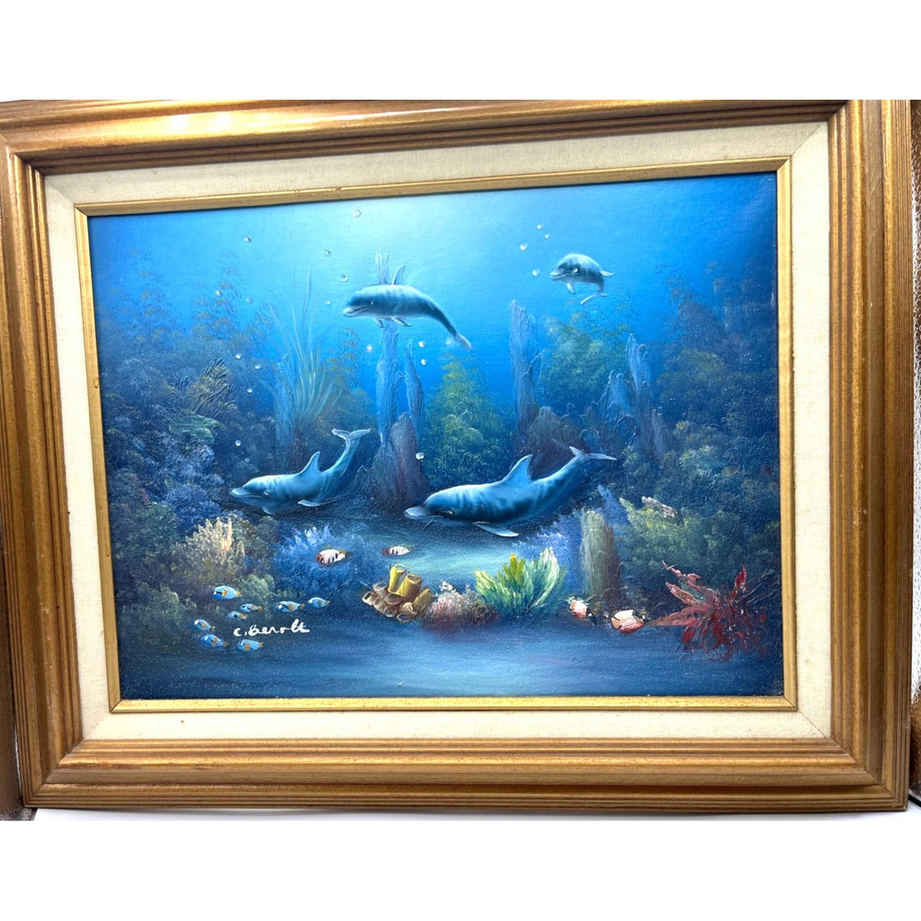 Original C. Benolt Oil Painting Dolphin Underwater Marine  In Gold Tone Frame 17" x 21"