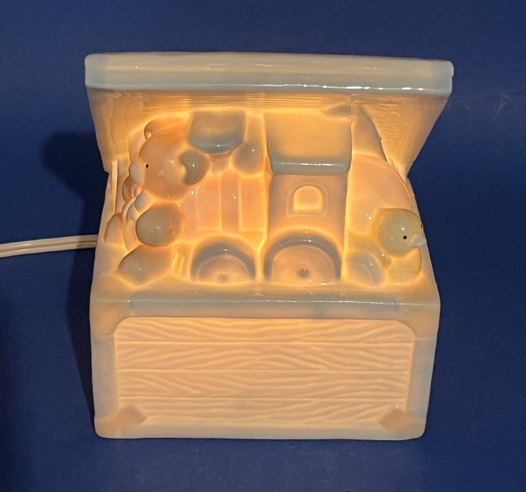 Enesco 1987 Ceramic Night Light Toy Chest With Train Bear & Duck Design 4.5" wide 5" tall