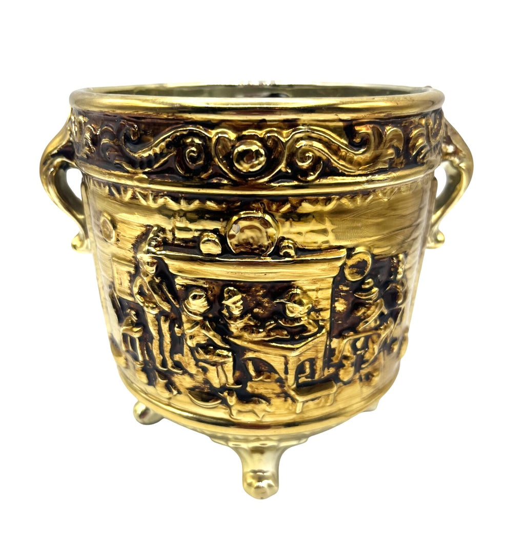 Vintage Golden Ceramic Planter With Embossed Tavern Scene and Ornate Handles by Rubens Originals Japan 5.25" high, 5" diameter