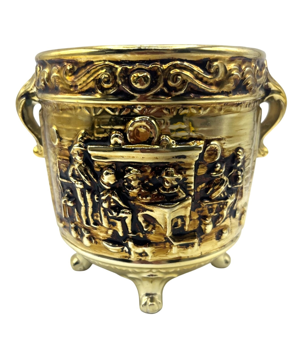 Vintage Golden Ceramic Planter With Embossed Tavern Scene and Ornate Handles by Rubens Originals Japan 5.25" high, 5" diameter