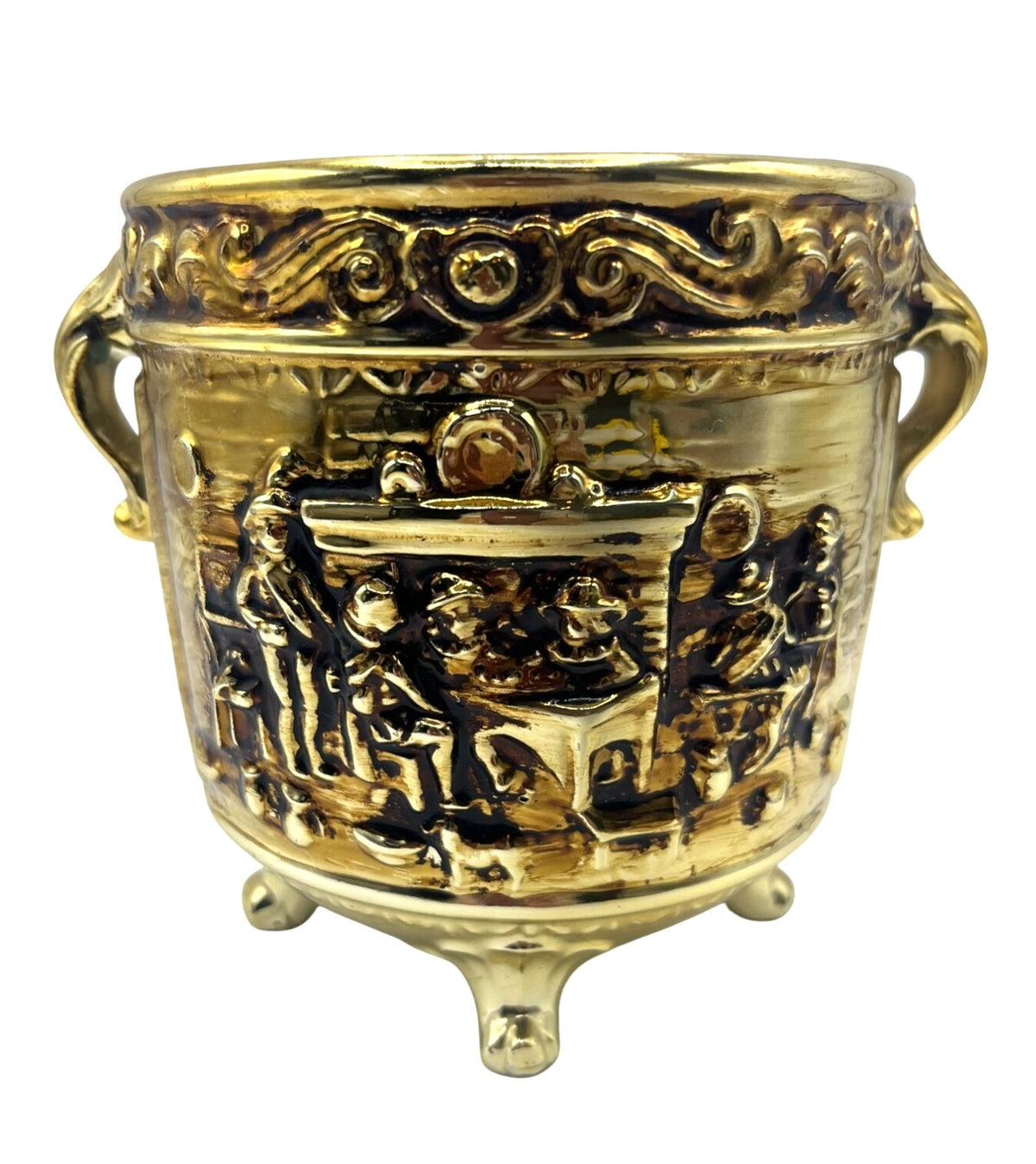 Vintage Golden Ceramic Planter With Embossed Tavern Scene and Ornate Handles by Rubens Originals Japan 5.25" high, 5" diameter