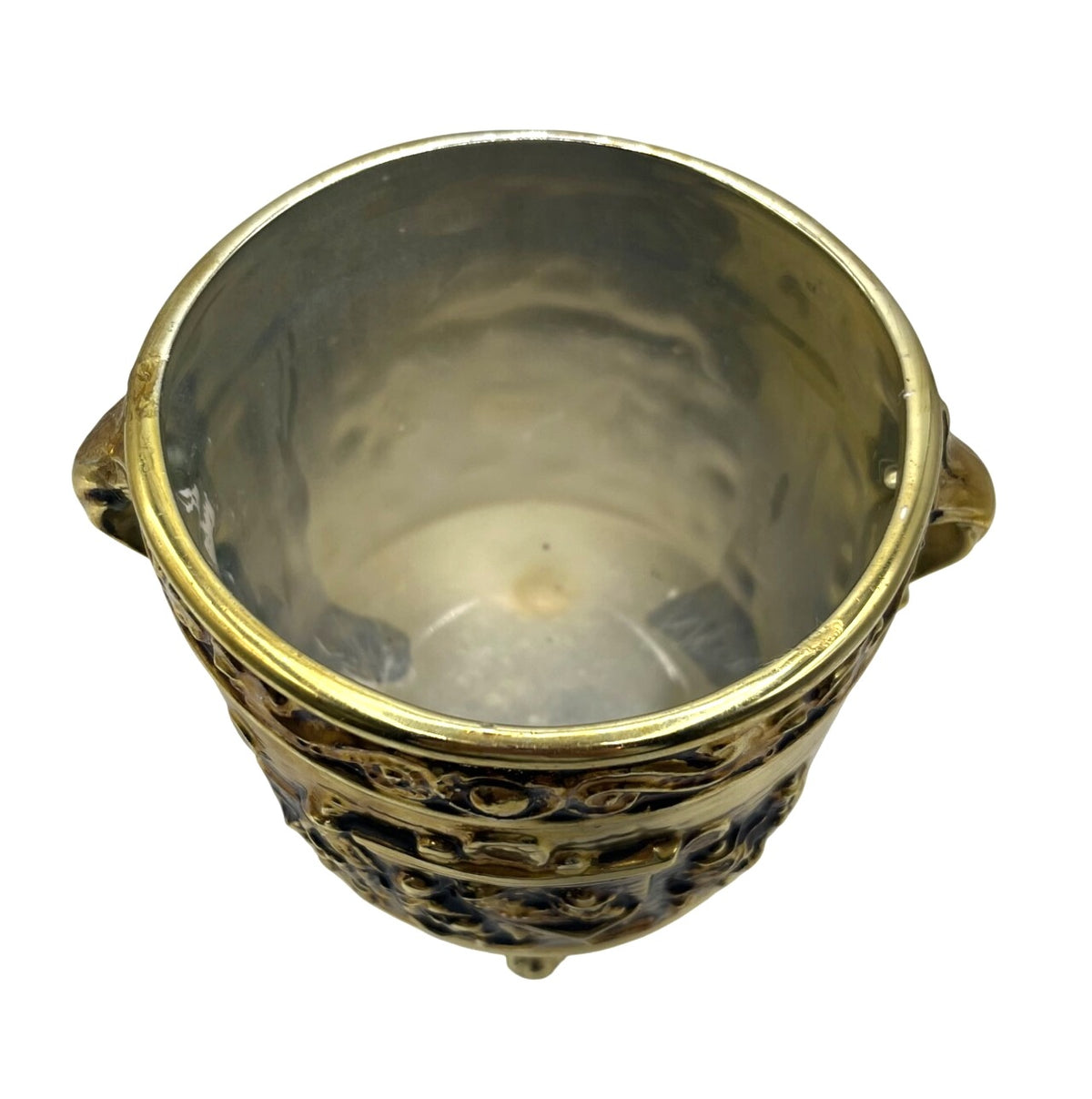 Vintage Golden Ceramic Planter With Embossed Tavern Scene and Ornate Handles by Rubens Originals Japan 5.25" high, 5" diameter