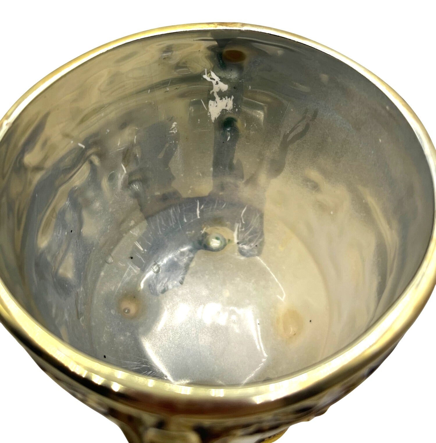 Vintage Golden Ceramic Planter With Embossed Tavern Scene and Ornate Handles by Rubens Originals Japan 5.25" high, 5" diameter