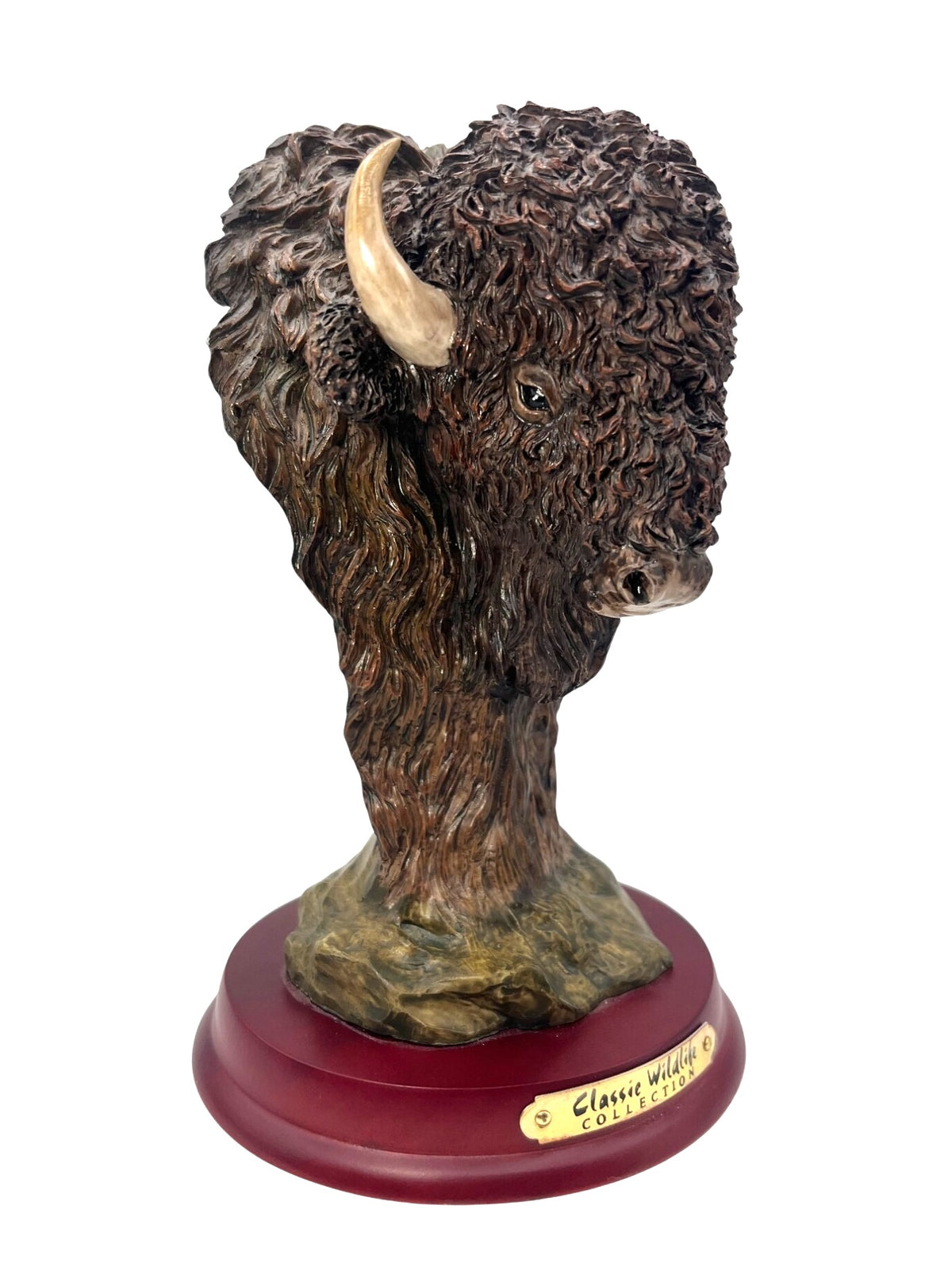 Buffalo Bust Sculpture On Wooden Base From Classic Wildlife Collection 7.5" tall