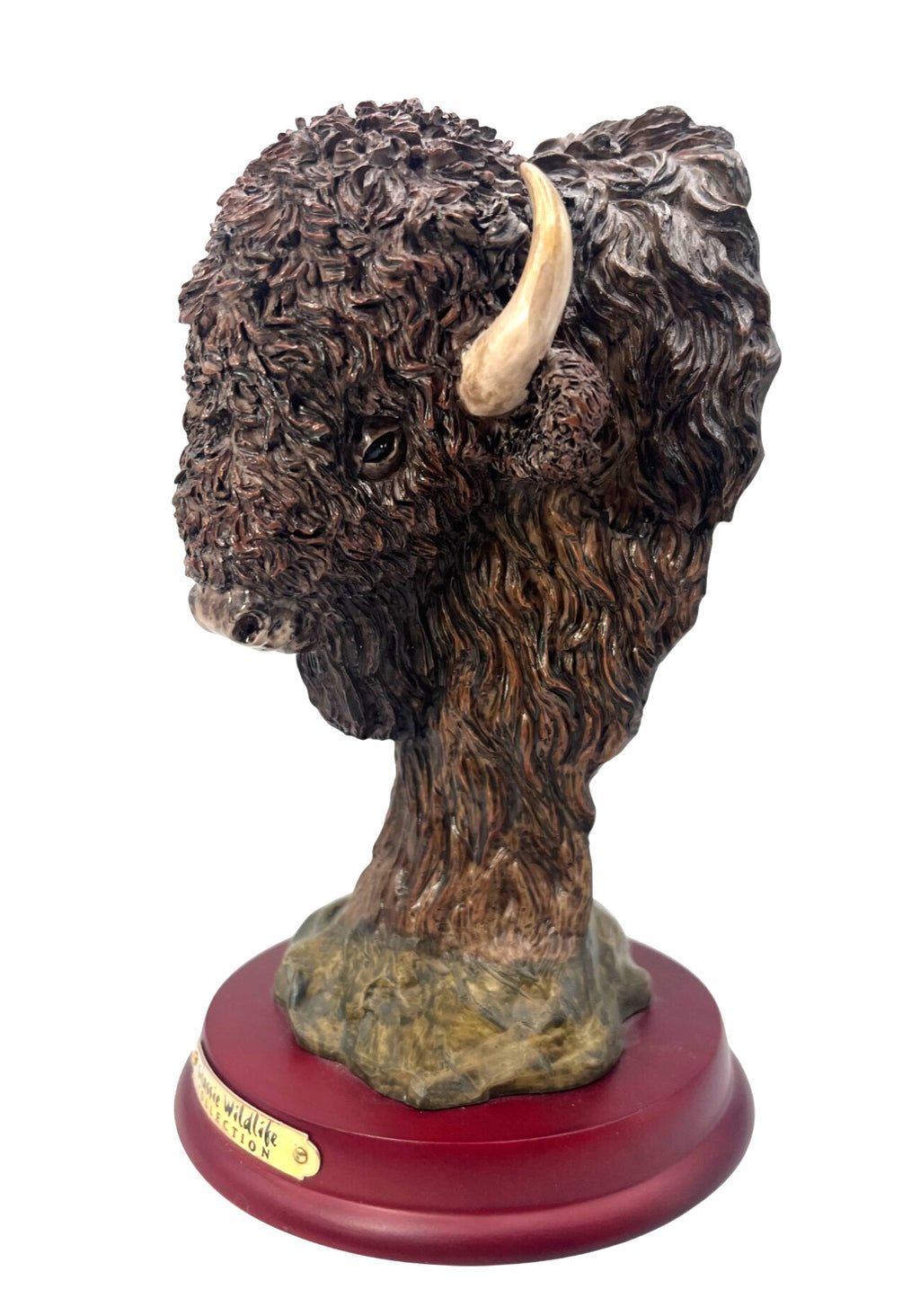Buffalo Bust Sculpture On Wooden Base From Classic Wildlife Collection 7.5" tall