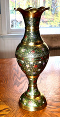 Handcrafted Solid Brass Fluted Vase With Intricate Floral & Vine Engraving Embossed Multicolor Enamel Design Ruffled Rim 12" high