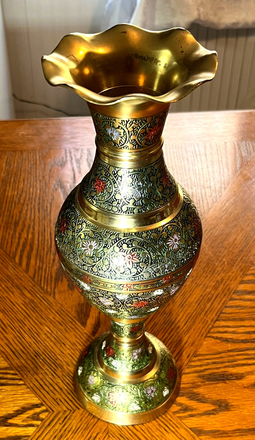 Handcrafted Solid Brass Fluted Vase With Intricate Floral & Vine Engraving Embossed Multicolor Enamel Design Ruffled Rim 12" high
