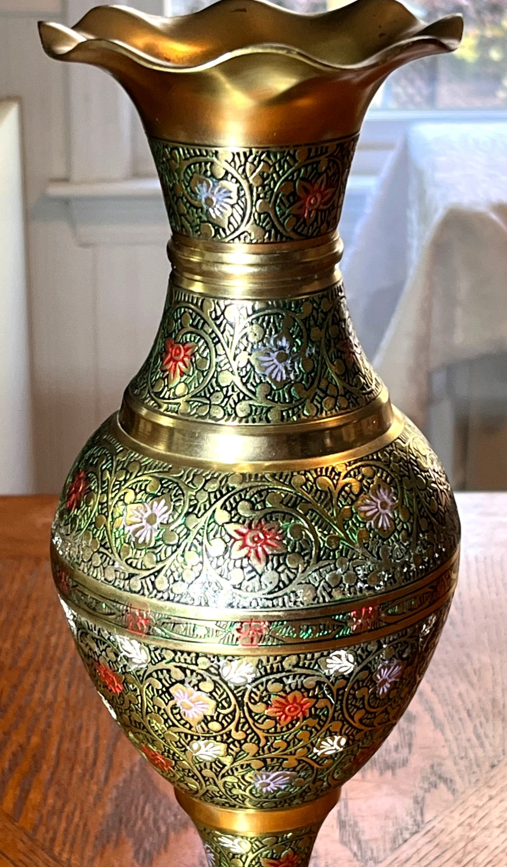 Handcrafted Solid Brass Fluted Vase With Intricate Floral & Vine Engraving Embossed Multicolor Enamel Design Ruffled Rim 12" high