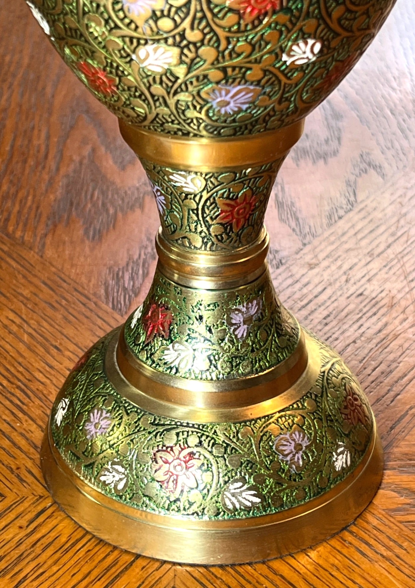 Handcrafted Solid Brass Fluted Vase With Intricate Floral & Vine Engraving Embossed Multicolor Enamel Design Ruffled Rim 12" high