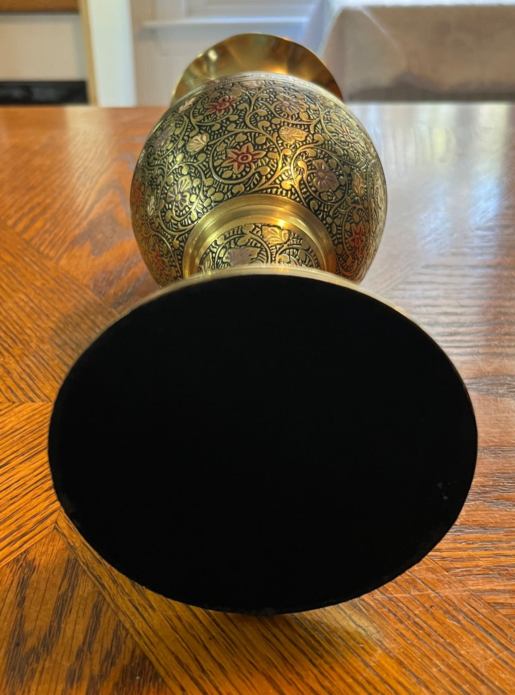 Handcrafted Solid Brass Fluted Vase With Intricate Floral & Vine Engraving Embossed Multicolor Enamel Design Ruffled Rim 12" high