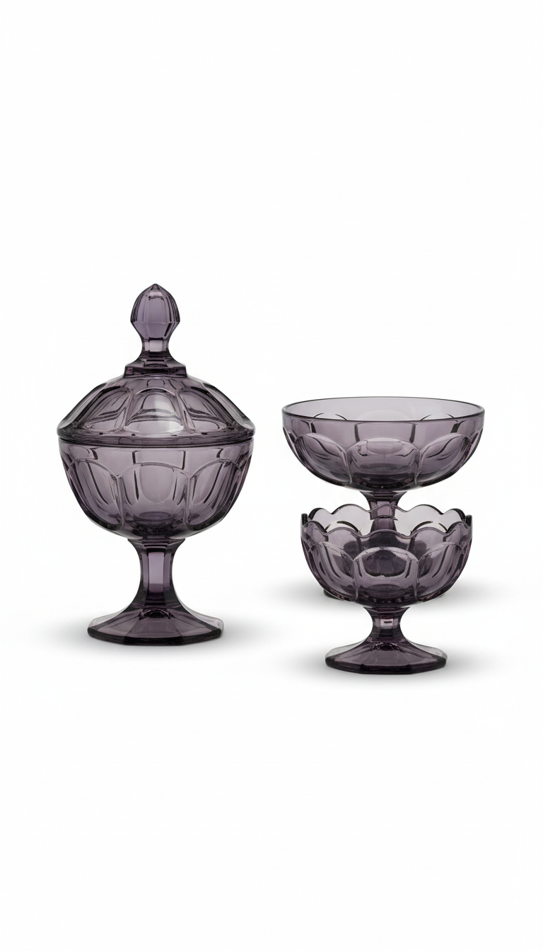 Retro Glass Candy Dish Set with Etched Details
