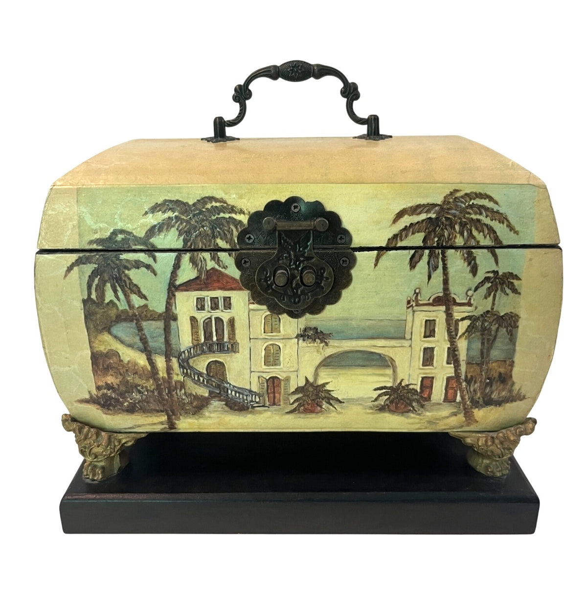 Vintage Decorative Footed Wooden Box With Brass Handle Hinges and Side Rings Painted Villa Scene Hinged Lid On Black Base 10.5" x 7" x 8"