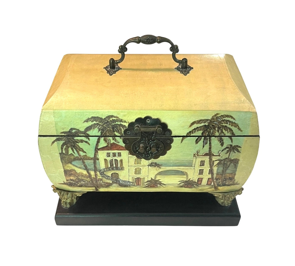Vintage Decorative Footed Wooden Box With Brass Handle Hinges and Side Rings Painted Villa Scene Hinged Lid On Black Base 10.5" x 7" x 8"