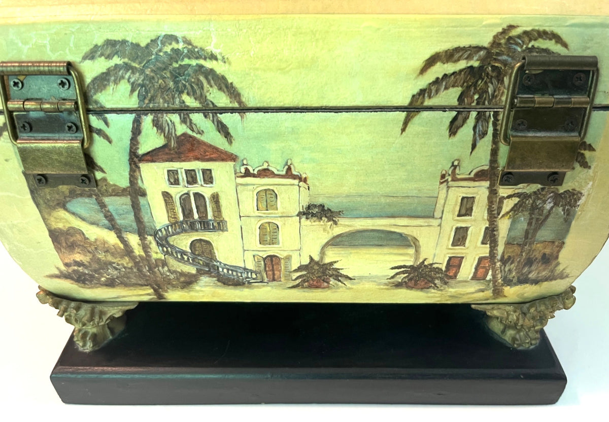 Vintage Decorative Footed Wooden Box With Brass Handle Hinges and Side Rings Painted Villa Scene Hinged Lid On Black Base 10.5" x 7" x 8"