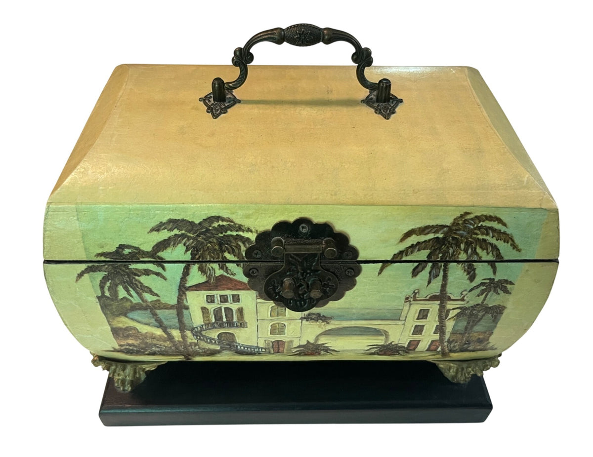 Vintage Decorative Footed Wooden Box With Brass Handle Hinges and Side Rings Painted Villa Scene Hinged Lid On Black Base 10.5" x 7" x 8"