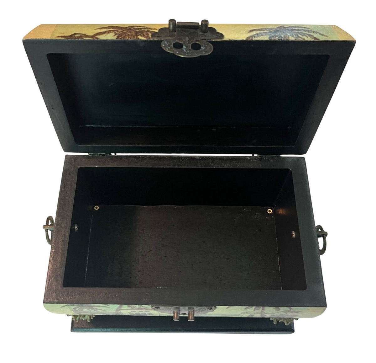 Vintage Decorative Footed Wooden Box With Brass Handle Hinges and Side Rings Painted Villa Scene Hinged Lid On Black Base 10.5" x 7" x 8"