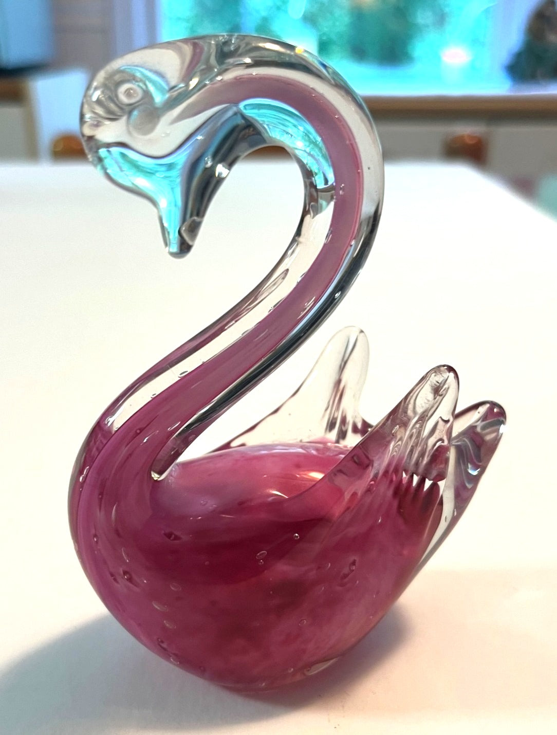 Handblown Glass Swan Figurine With Clear and Pink 4.5" tall