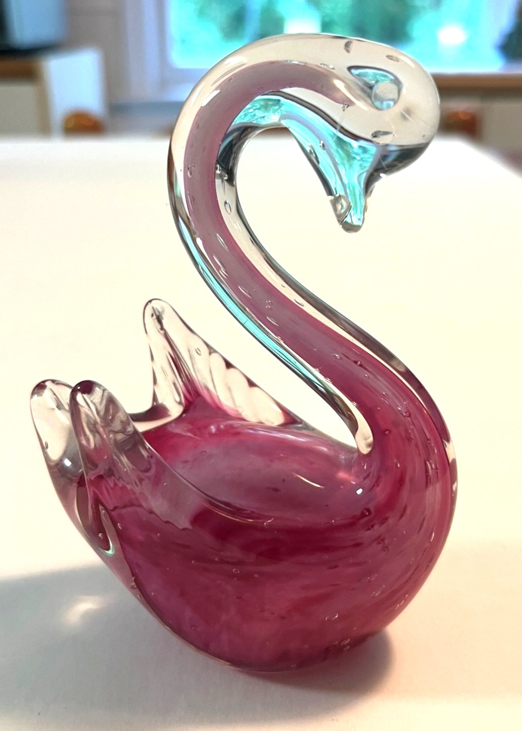 Handblown Glass Swan Figurine With Clear and Pink 4.5" tall