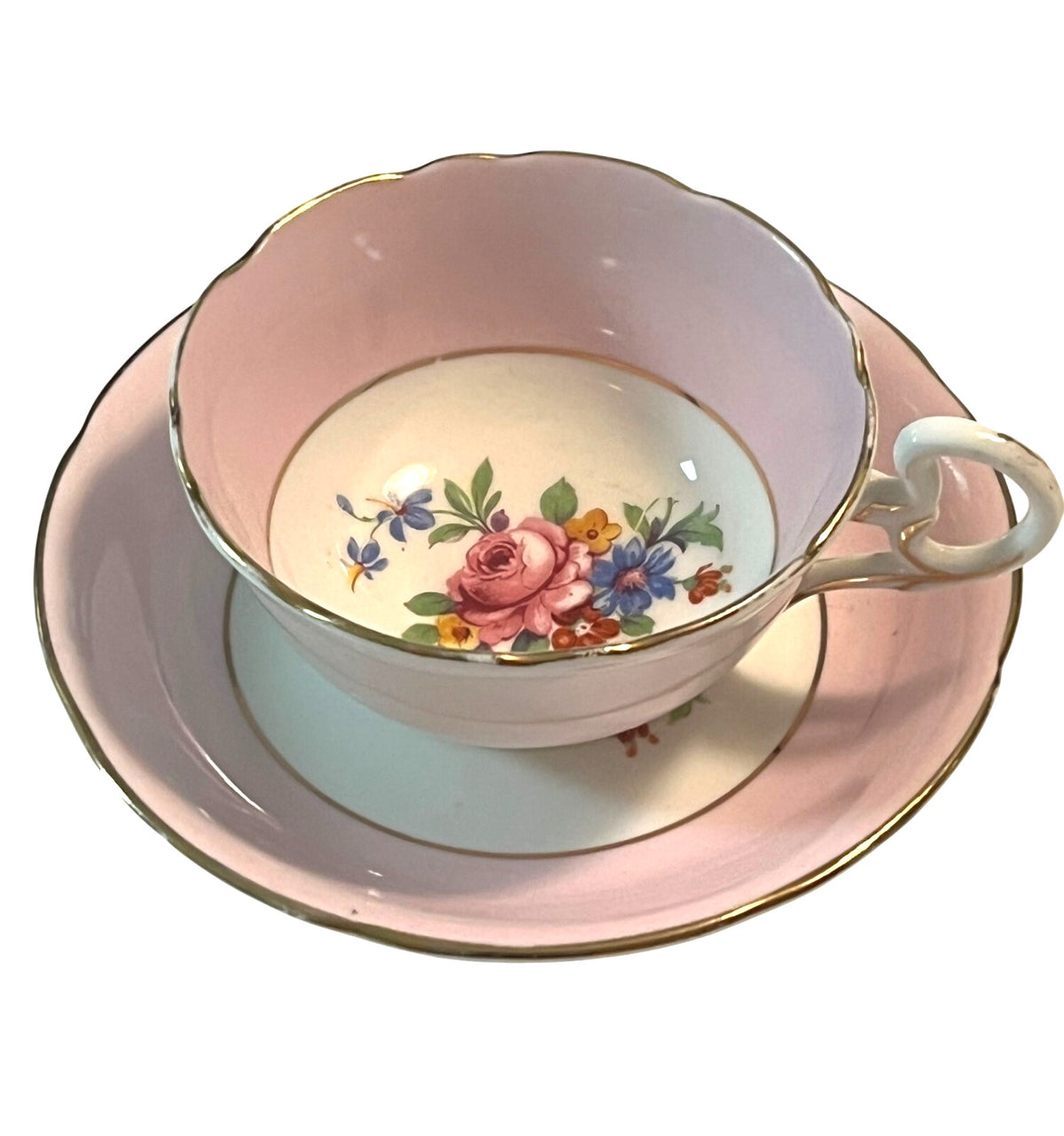 Vintage 1940's ABJ Crafton Bone China Pink Floral Teacup & Saucer Set Gold Trim England