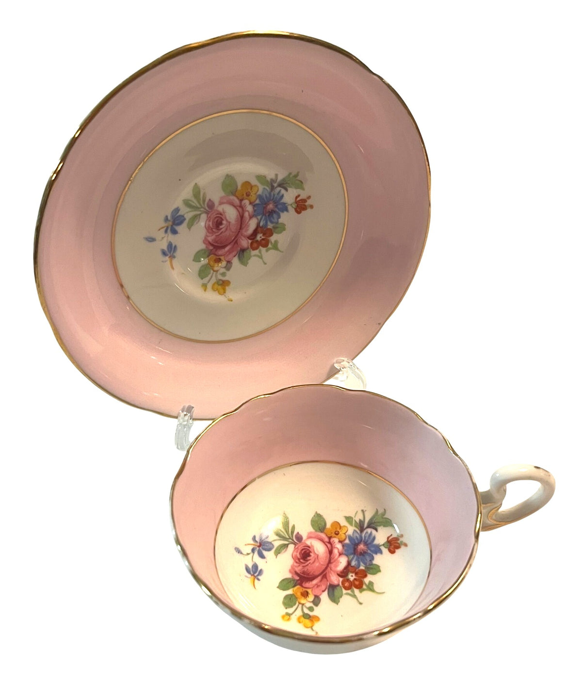Vintage 1940's ABJ Crafton Bone China Pink Floral Teacup & Saucer Set Gold Trim England
