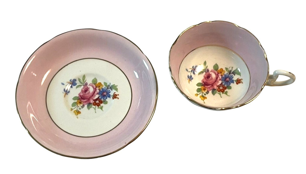 Vintage 1940's ABJ Crafton Bone China Pink Floral Teacup & Saucer Set Gold Trim England