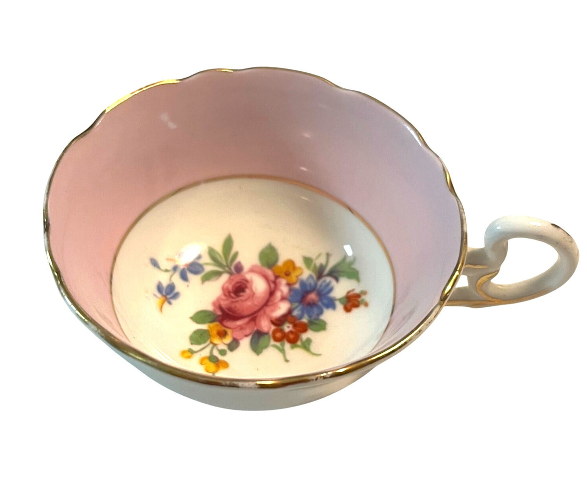 Vintage 1940's ABJ Crafton Bone China Pink Floral Teacup & Saucer Set Gold Trim England