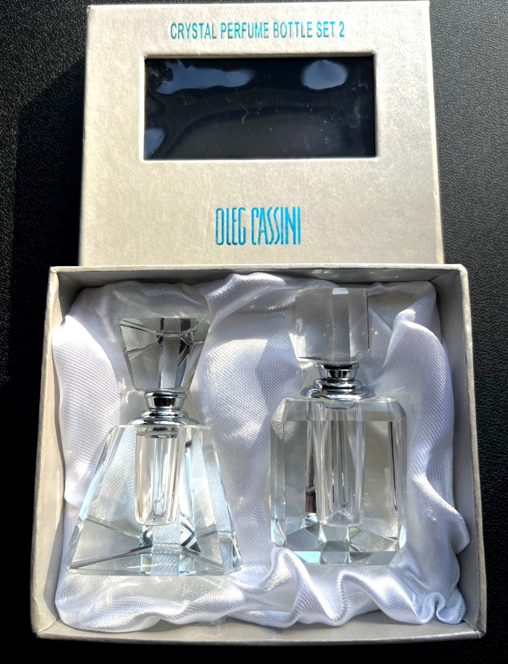 Oleg Cassini Signature Crystal Perfume Bottle Set Of 2 With Box - Danielle Design 3" high