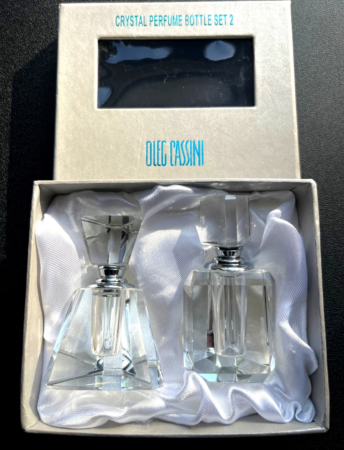 Oleg Cassini Signature Crystal Perfume Bottle Set Of 2 With Box - Danielle Design 3" high