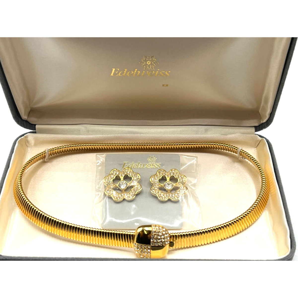 Edelweiss Gold Plated Choker  Necklace & Clip Earrings Set With Crystal Accents